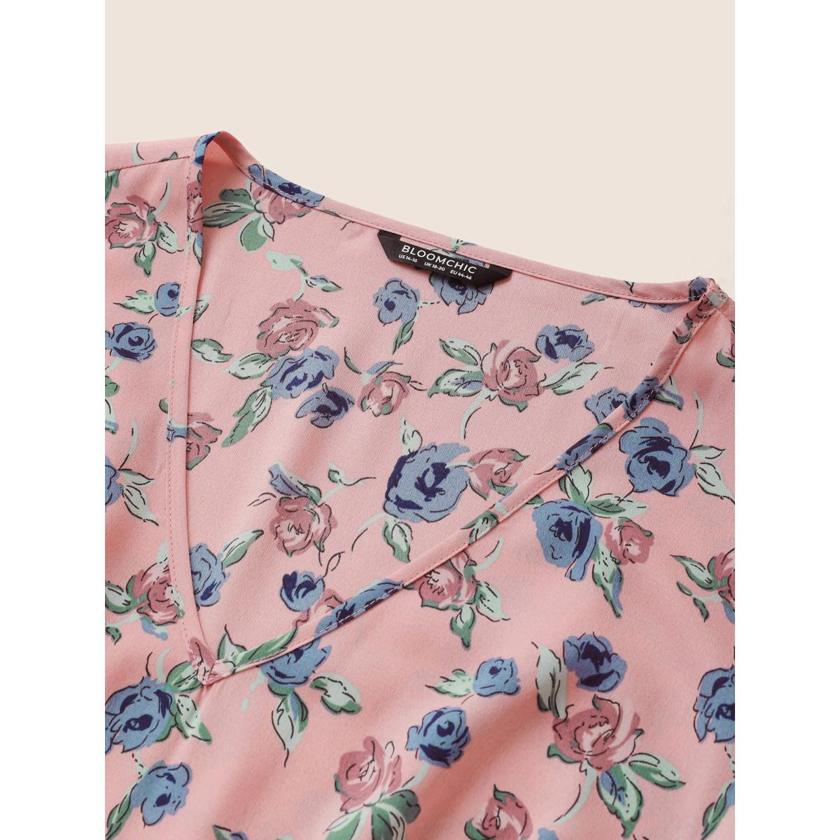 Plus Size Floral Print V Neck Pleated Belted Dress Rouge Women Elegant Non V-neck Short sleeve Curvy Midi Dress BloomChic 18-20/2X Product Image