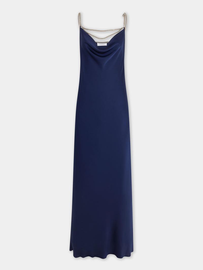 BLUE NAVY LONG SLEEVELESS DRESS IN SATIN Product Image