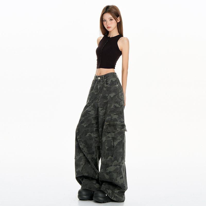 Mid Rise Camo Print Washed Wide Leg Cargo Jeans Product Image