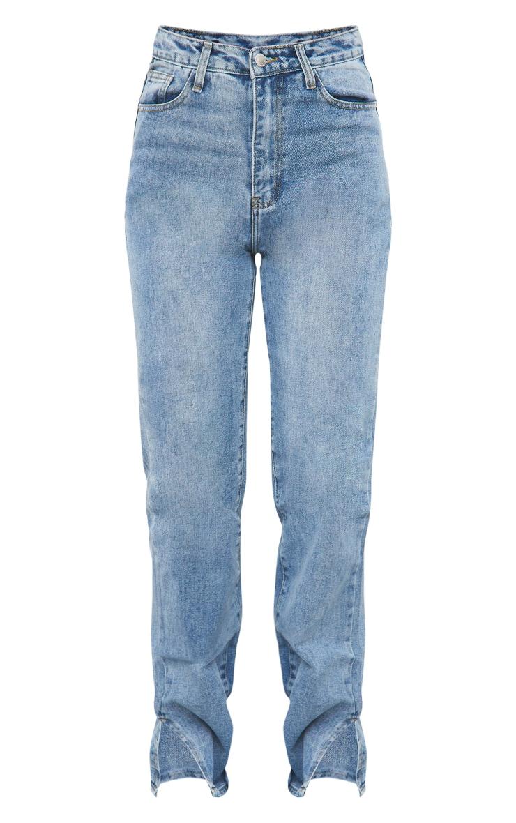 Mid Blue Wash Split Hem Straight Leg Jeans Product Image