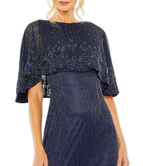 Mac Duggal Beaded Boat Neck Short Cape Sleeve Column Gown Product Image