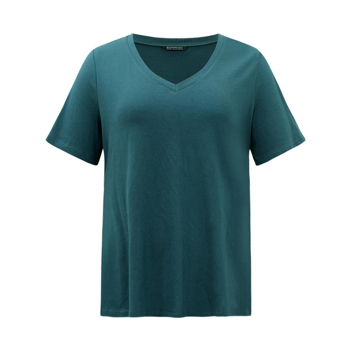 Plus Size Cotton Plain V Neck Basic T-shirt DarkSlateGray Women Casual Plain Plain V-neck Dailywear T-shirts BloomChic 30/6X Product Image
