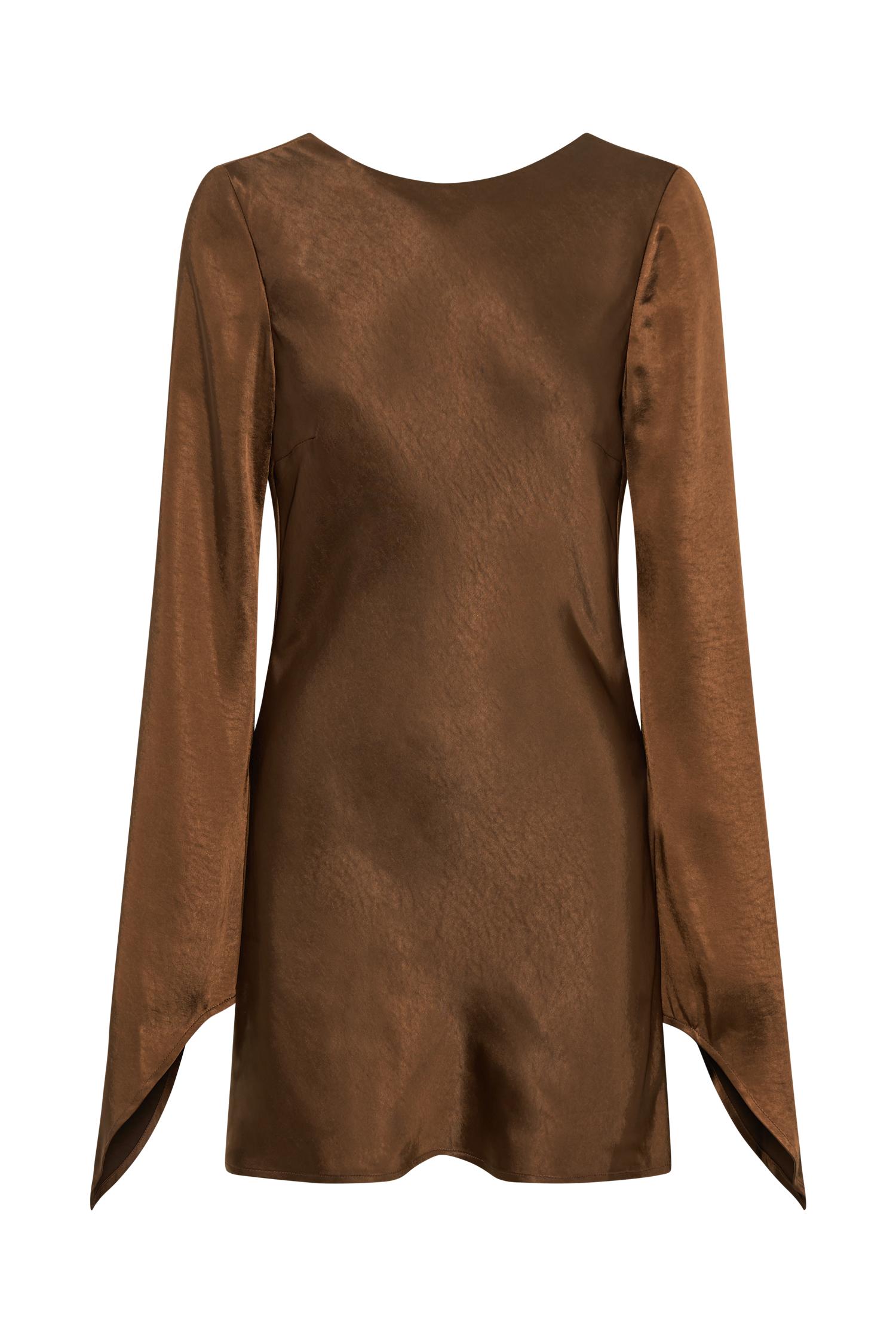 Davina Satin Long Sleeve Mini Dress - Dark Brown Product Image