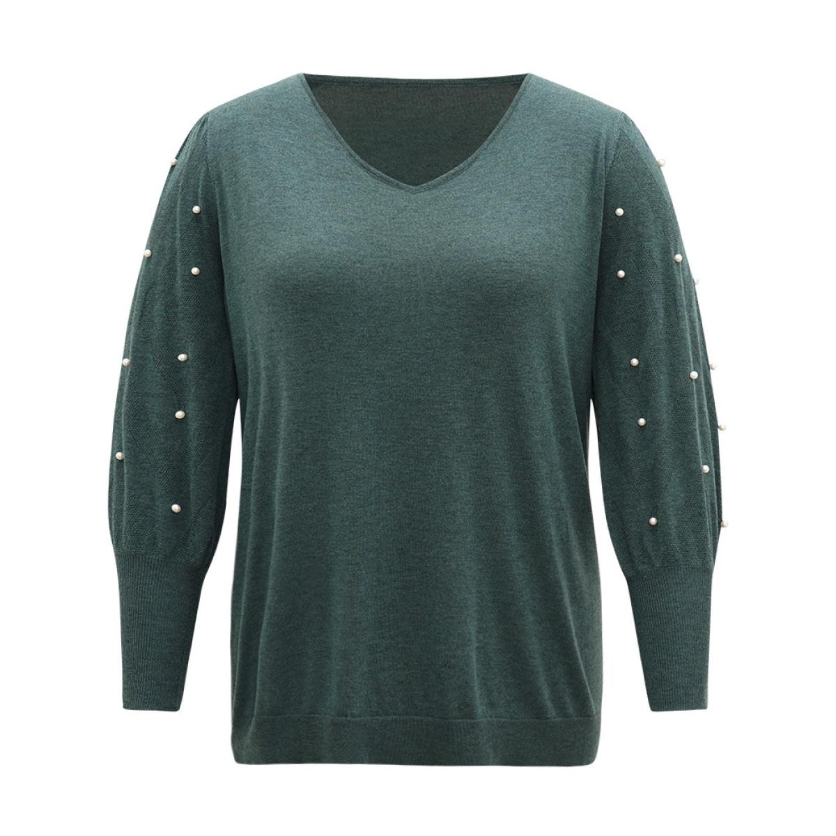 Plus Size Supersoft Essentials Solid Pearl Beaded Elastic Cuffs Pullover DarkGreen Women Casual Long Sleeve V-neck Dailywear Pullovers BloomChic 26/4X Product Image