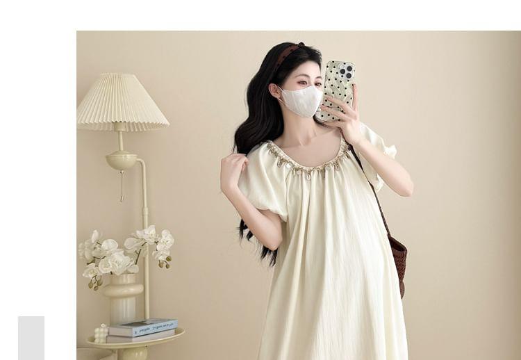 Maternity Short Sleeve Round Neck Shell Detail Maxi A-Line Dress Product Image
