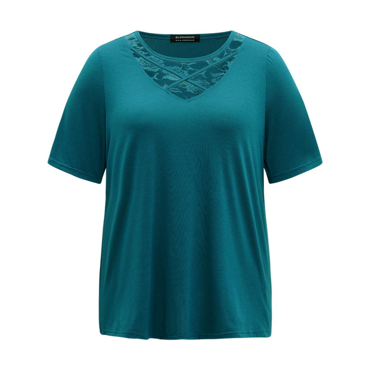 Plus Size Solid Crochet Lace Crisscross T-shirt Cyan Women Elegant Plain Plain Round Neck Dailywear T-shirts BloomChic 10/M Product Image