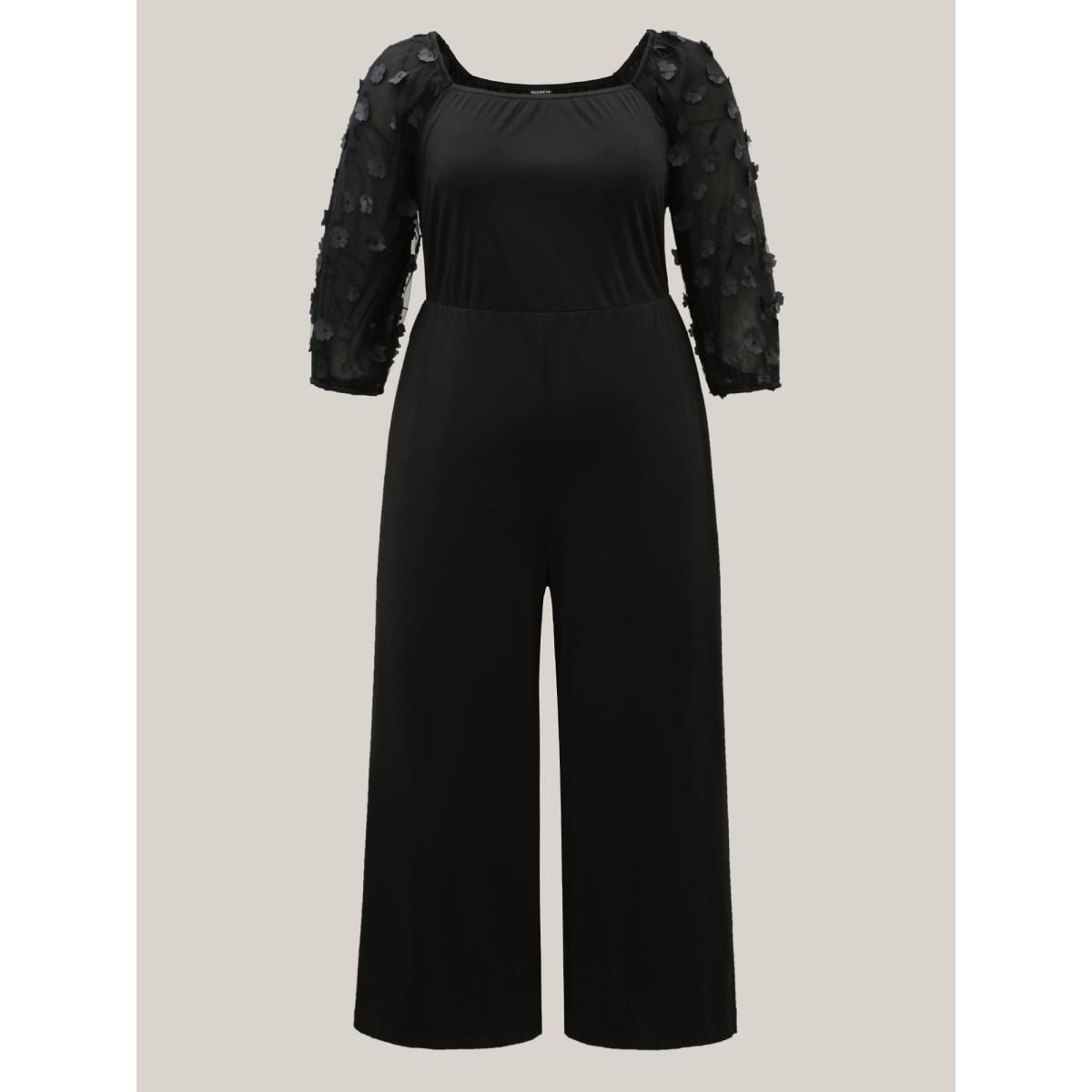 Plus Size Black Floral Mesh Sleeve Pockets Straight-Leg Jumpsuit Women Elegant Elbow-length sleeve Square Neck Elegant Loose Jumpsuits BloomChic 26/4X Product Image
