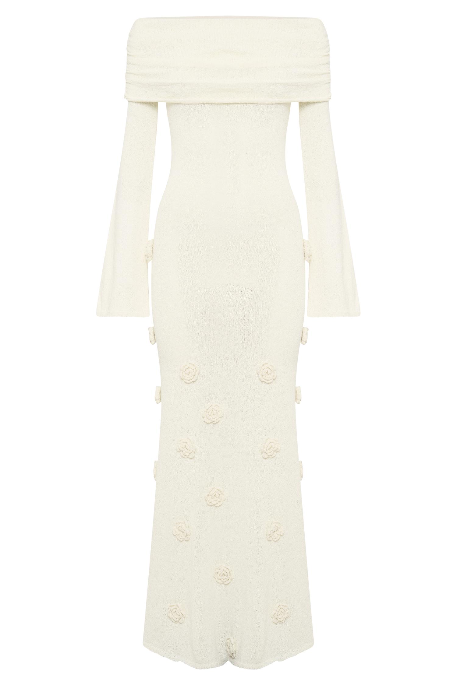Kiki Off Shoulder Knit Rose Maxi Dress - Ivory Product Image