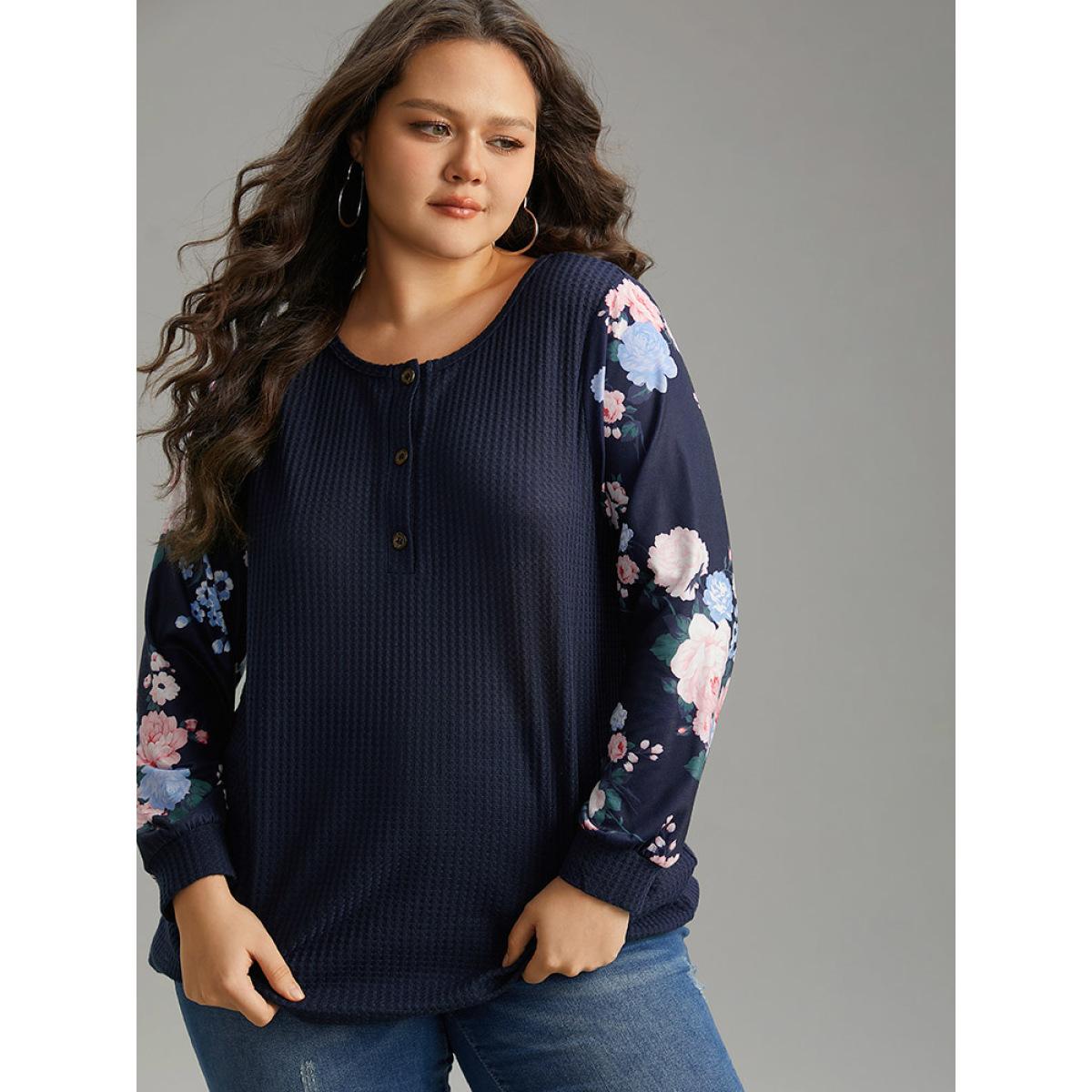 Plus Size Waffle Knit Floral Patchwork Button Up T-shirt Blue Women Casual Printed Floral Open Front Loose Dailywear T-shirts BloomChic 22-24/3X Product Image