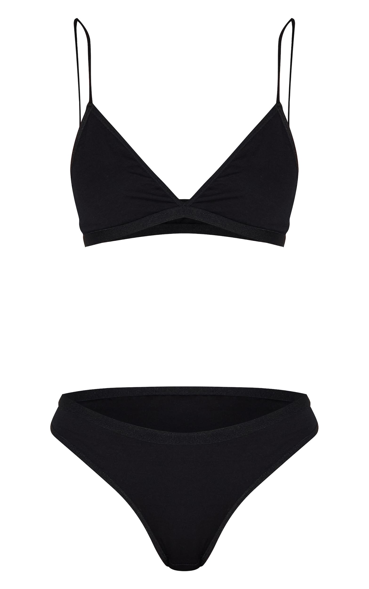 Black Jersey Triangle Bralette And Thong Lingerie Set Product Image