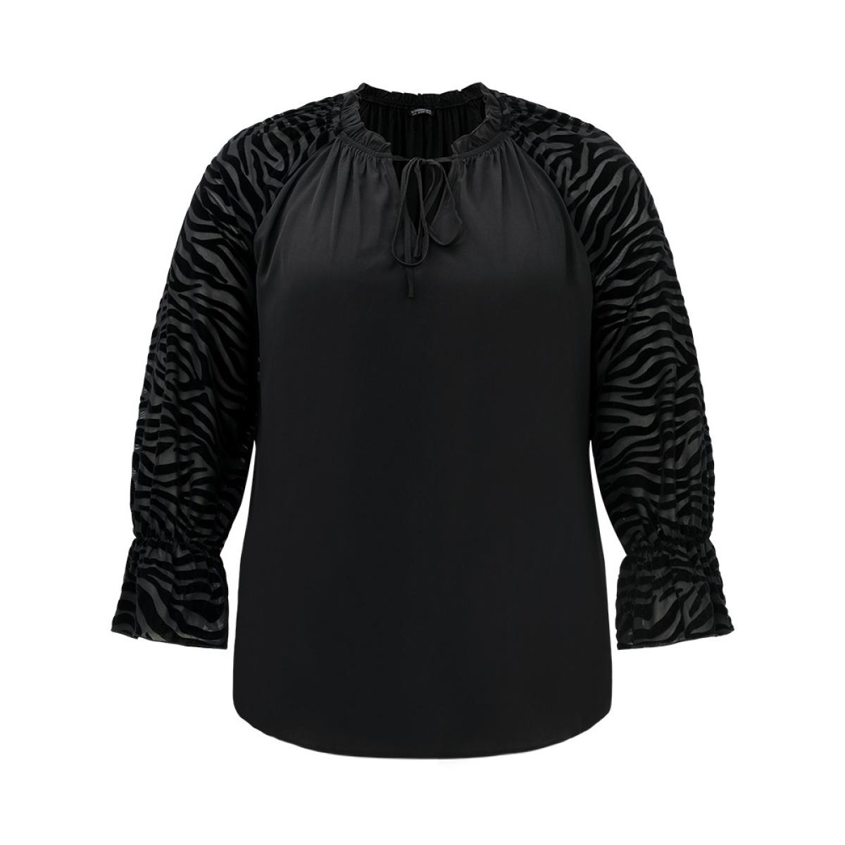 Plus Size Black Halloween Zebra Print Tie Neck Frill Trim Patchwork Blouse Women Elegant Long Sleeve Tie Neck Dailywear Blouses BloomChic 26/4X Product Image