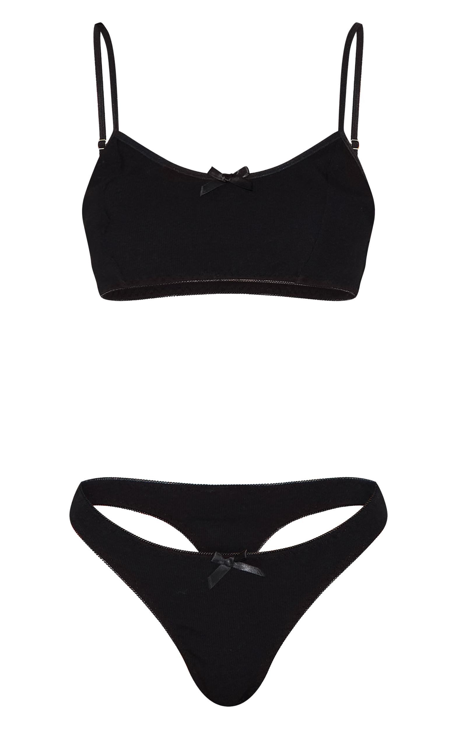 Black Jersey Ribbed Bralette And Thong Lingerie Set Product Image