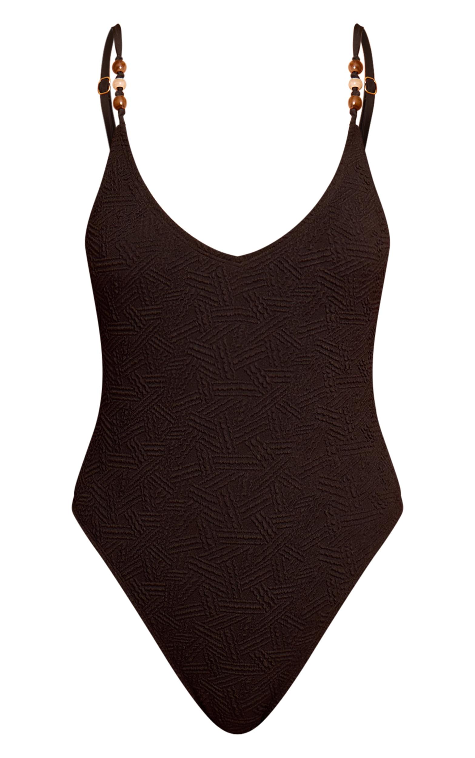 Black Textured Bead Trim Plunge Swimsuit Product Image