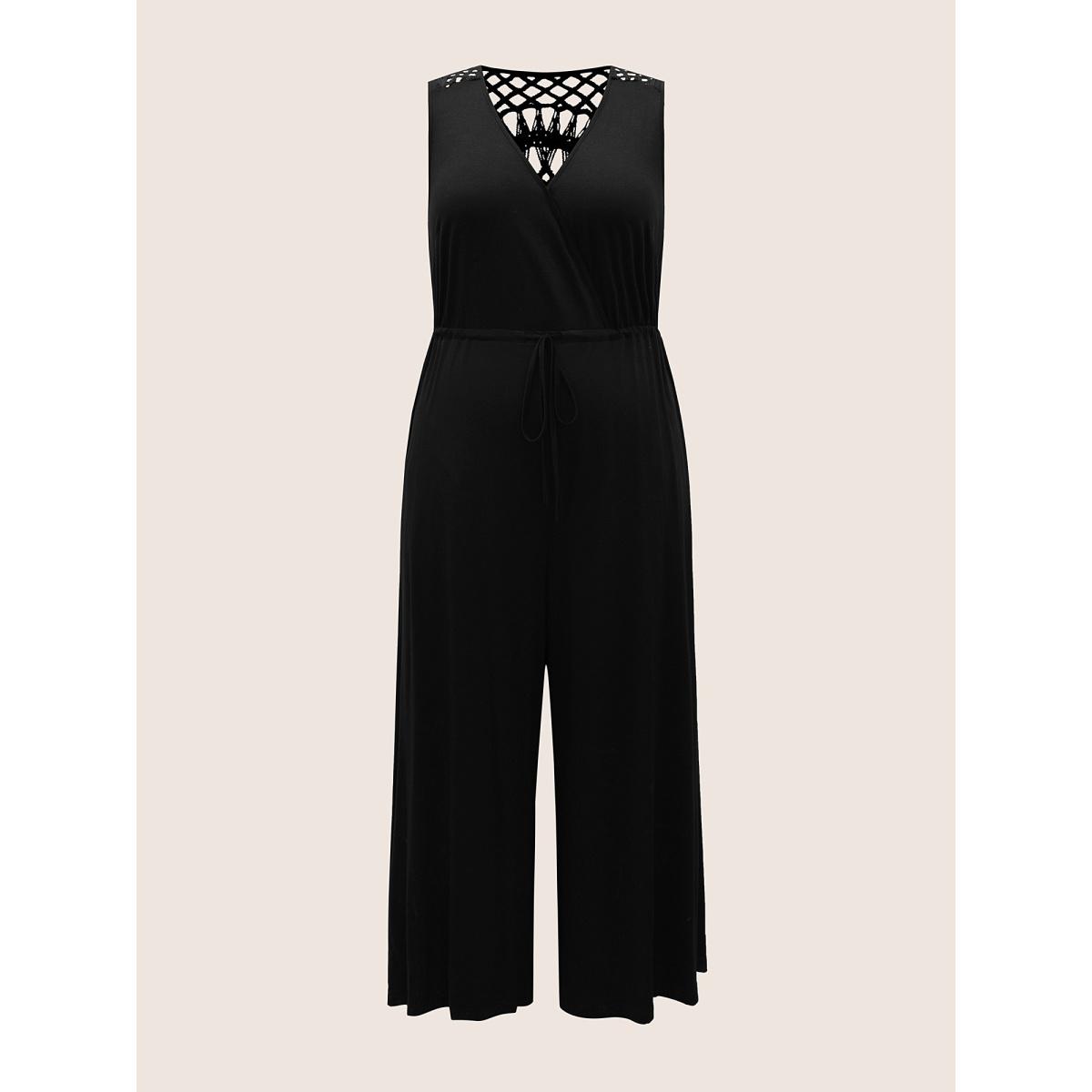 Plus Size Black V Neck Crocheted Cut Out Jumpsuit Women Boho Sleeveless V-neck Vacation Loose Jumpsuits BloomChic 14-16/1X Product Image