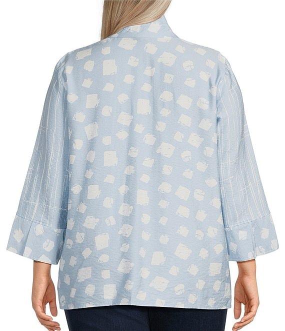 Ali Miles Plus Size Woven Printed Wire Collar 3/4 Sleeve Button-Front Tunic Product Image