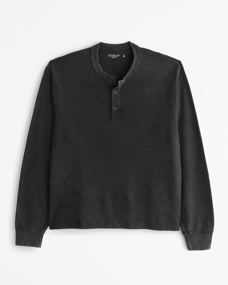 Long-Sleeve Grid Waffle Cropped Henley Product Image