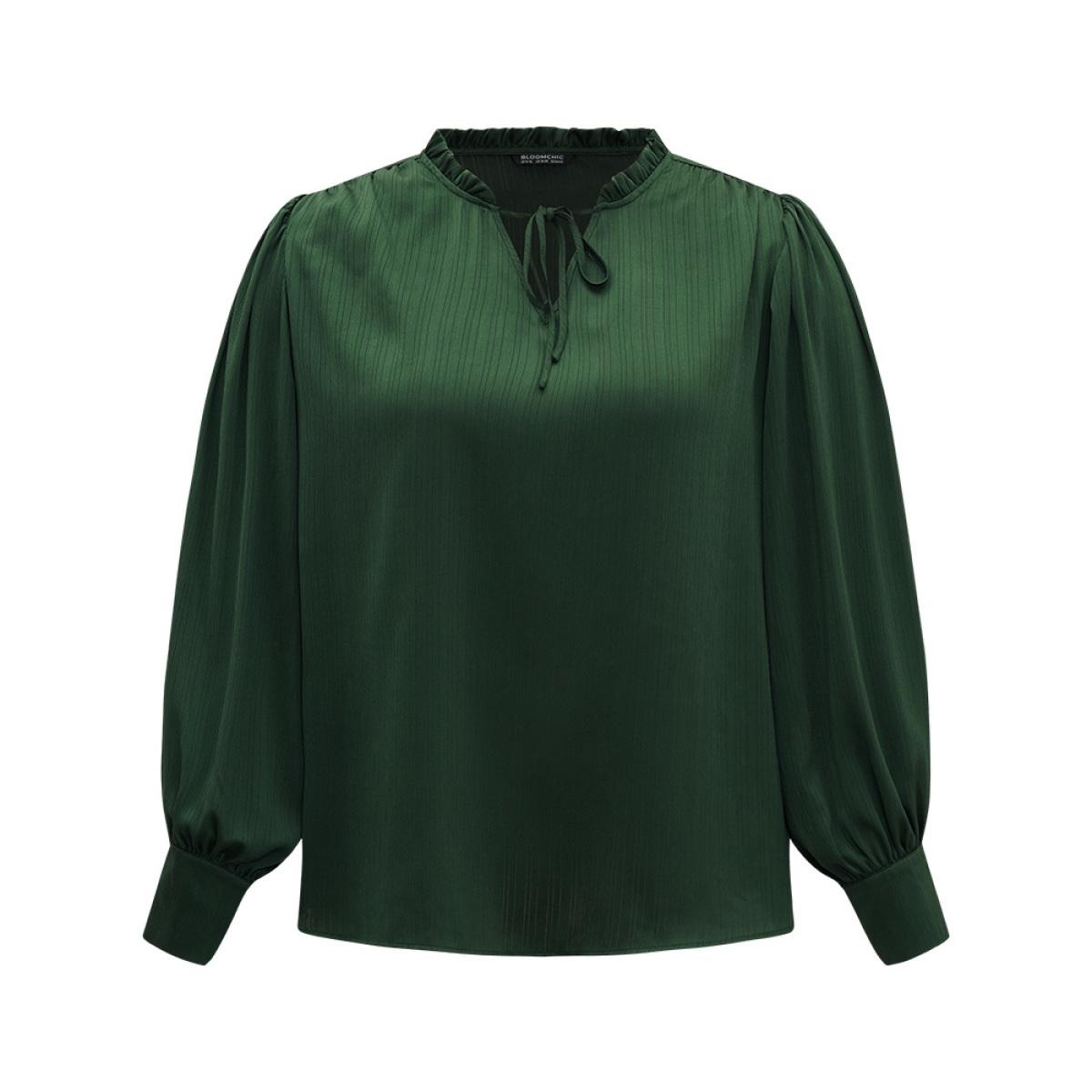 Plus Size DarkGreen Anti-Wrinkle Solid Knot Neck Gathered Lantern Sleeve Blouse Women Office Long Sleeve Tie Neck Work Blouses BloomChic 26/4X Product Image