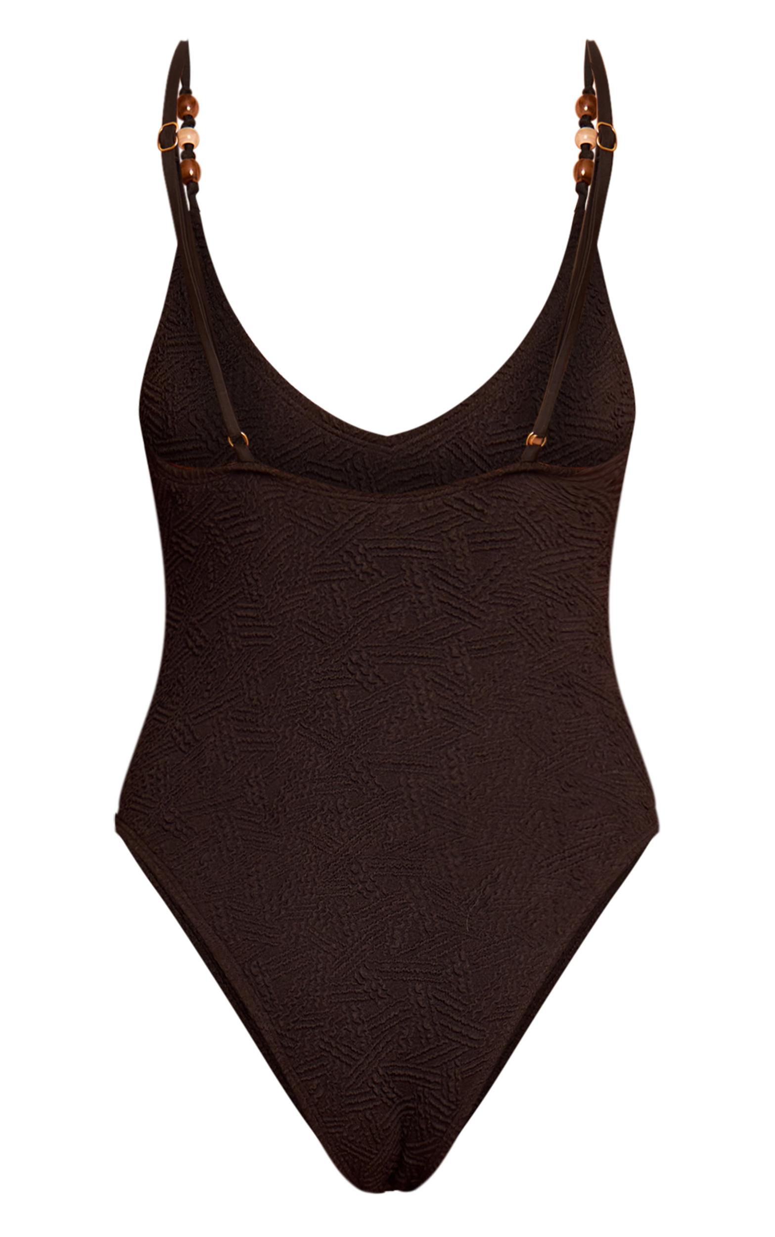 Black Textured Bead Trim Plunge Swimsuit Product Image