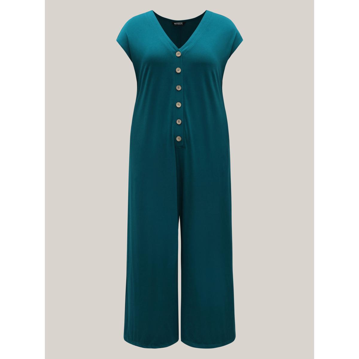 Plus Size Aegean Stretch Button Pockets Solid Jumpsuit Women Sleeveless V-neck Casual Loose Jumpsuits BloomChic 22-24/3X Product Image