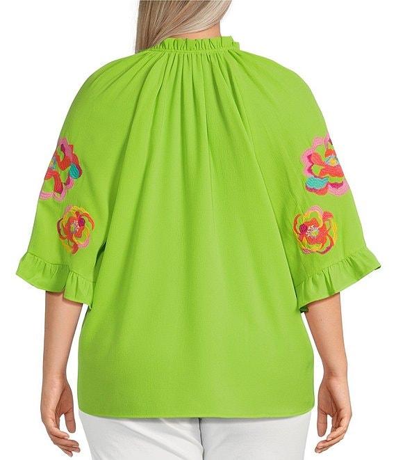 Calessa Plus Size Embroidered Ruffle Split V-Neck 3/4 Sleeve Tunic Product Image