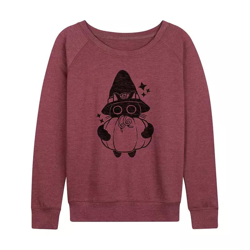 Women's Witch Cat With Pumpkin Halloween French Terry Long Sleeve Tee,  Product Image