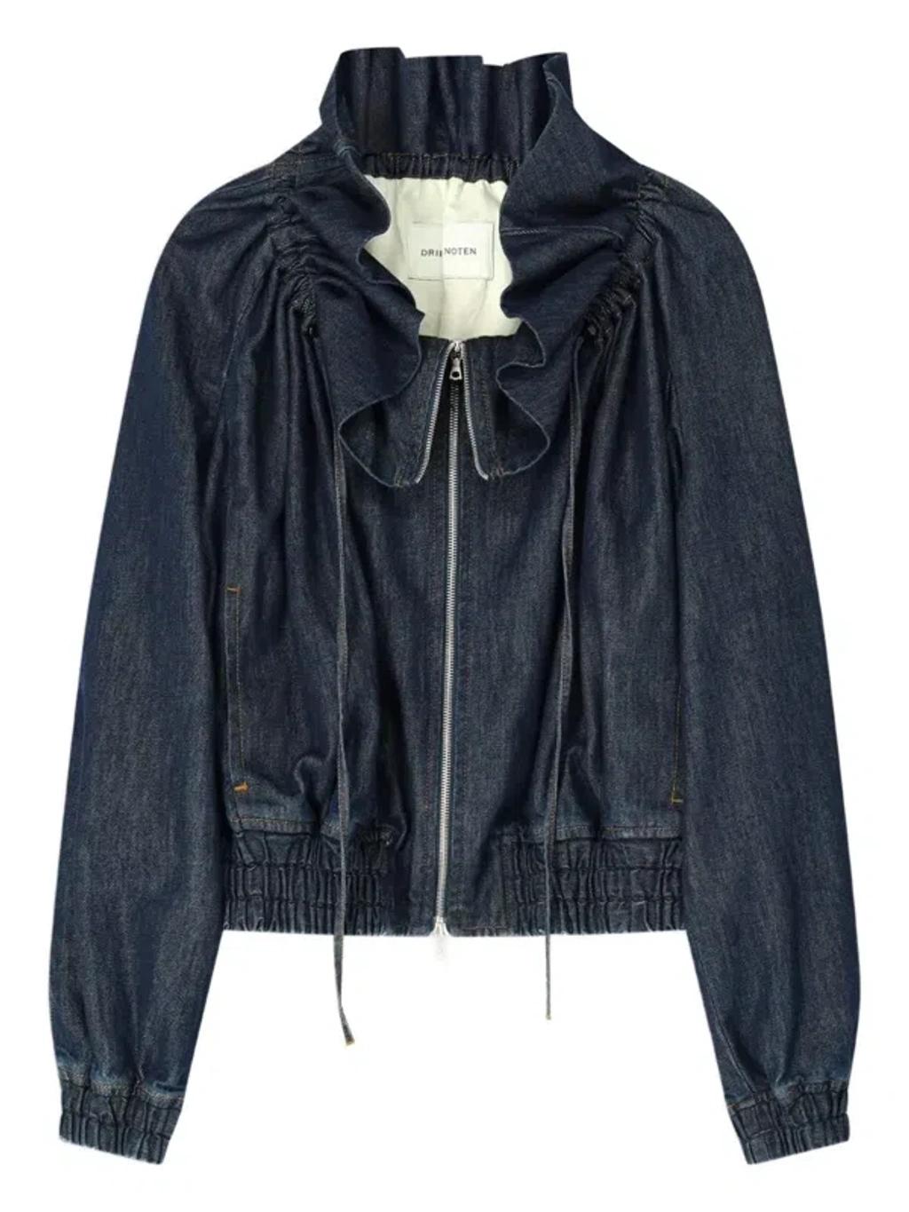 DRIES VAN NOTEN Ruffled Gathered Denim Jacket In Blue Product Image