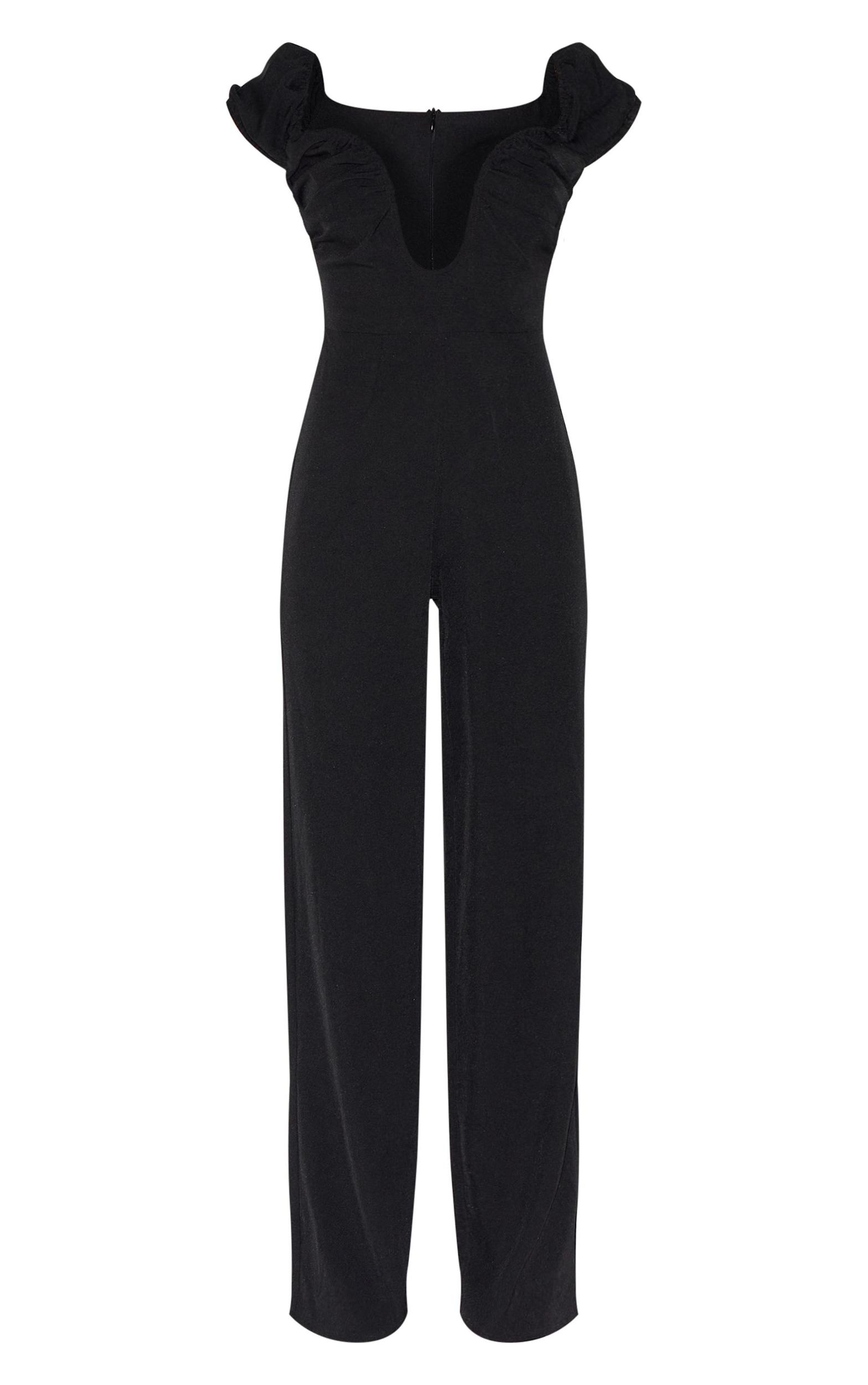 Black Woven Plunge Straight Leg Jumpsuit Product Image