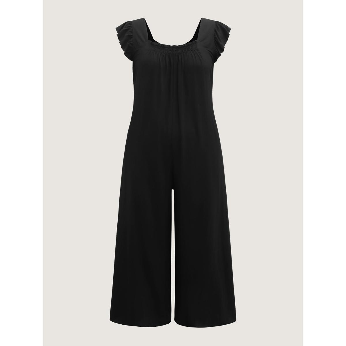 Plus Size Black Rayon Shirred Flutter Sleeve Pockets Jumpsuit Women Leisure Cap Sleeve Square Neck Casual Loose Jumpsuits BloomChic 14-16/1X Product Image