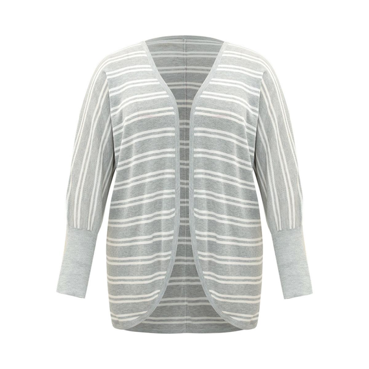 Plus Size Striped Elastic Cuffs Arc Hem Cardigan Silver Women Casual Loose Long Sleeve Everyday Cardigans BloomChic 28/5X Product Image