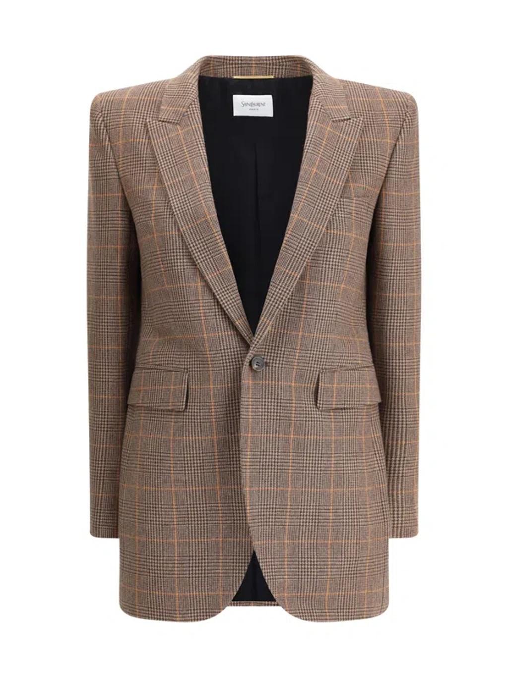 SAINT LAURENT Single-breasted Slim Houndstooth Plaid Blazer In Brown Product Image