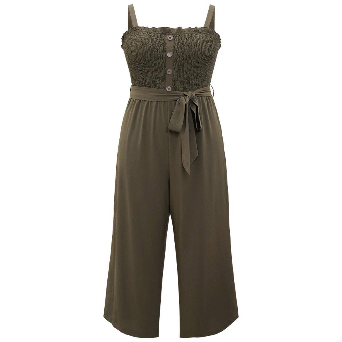 Plus Size ArmyGreen Shirred Frill Trim Belted Button Detail Cami Jumpsuit Women Elegant Sleeveless Square Neck Dailywear Loose Jumpsuits BloomChic 14-16/1X Product Image