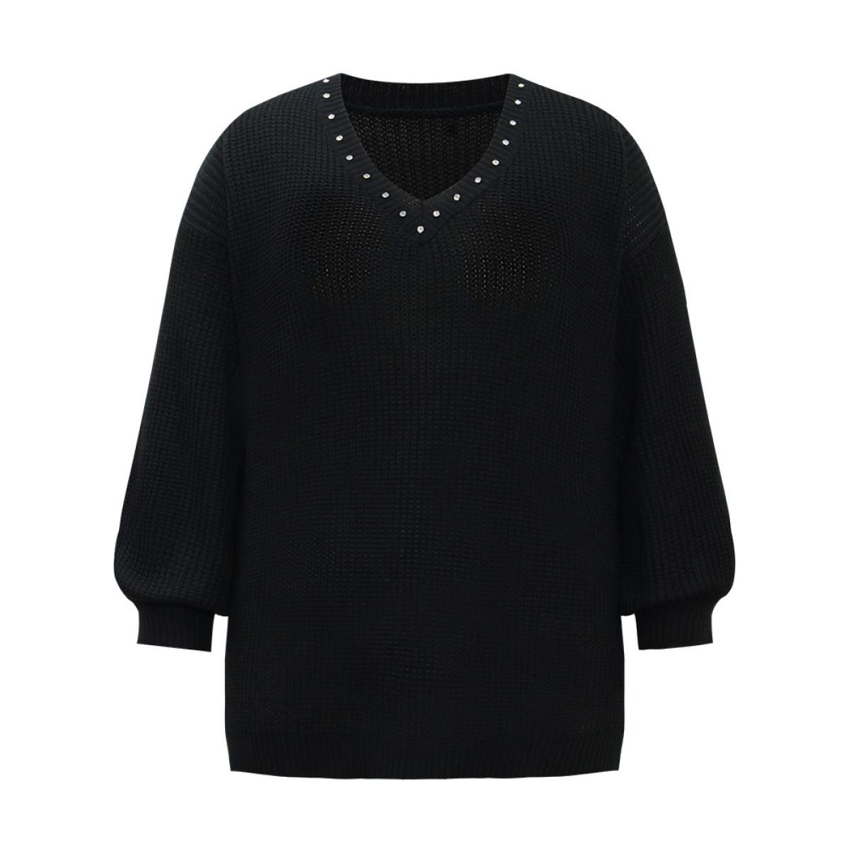 Plus Size Rhinestone V Neck Drop Shoulder Pullover Black Women Casual Loose Long Sleeve V-neck Dailywear Pullovers BloomChic 18-20/2X Product Image