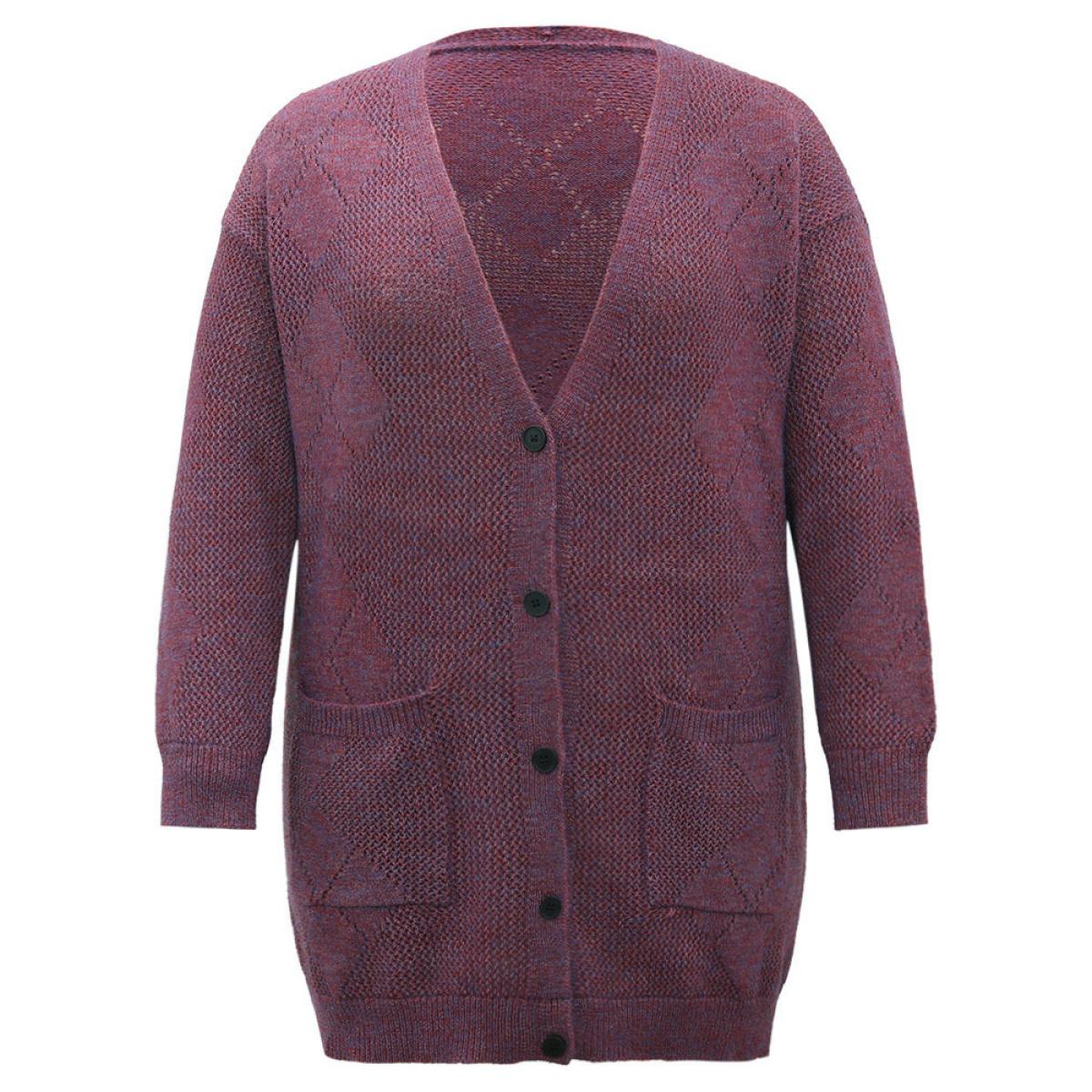 Plus Size Geometric Heather Pocket Button Up Cardigan Purple Women Casual Loose Long Sleeve Dailywear Cardigans BloomChic 10/M Product Image
