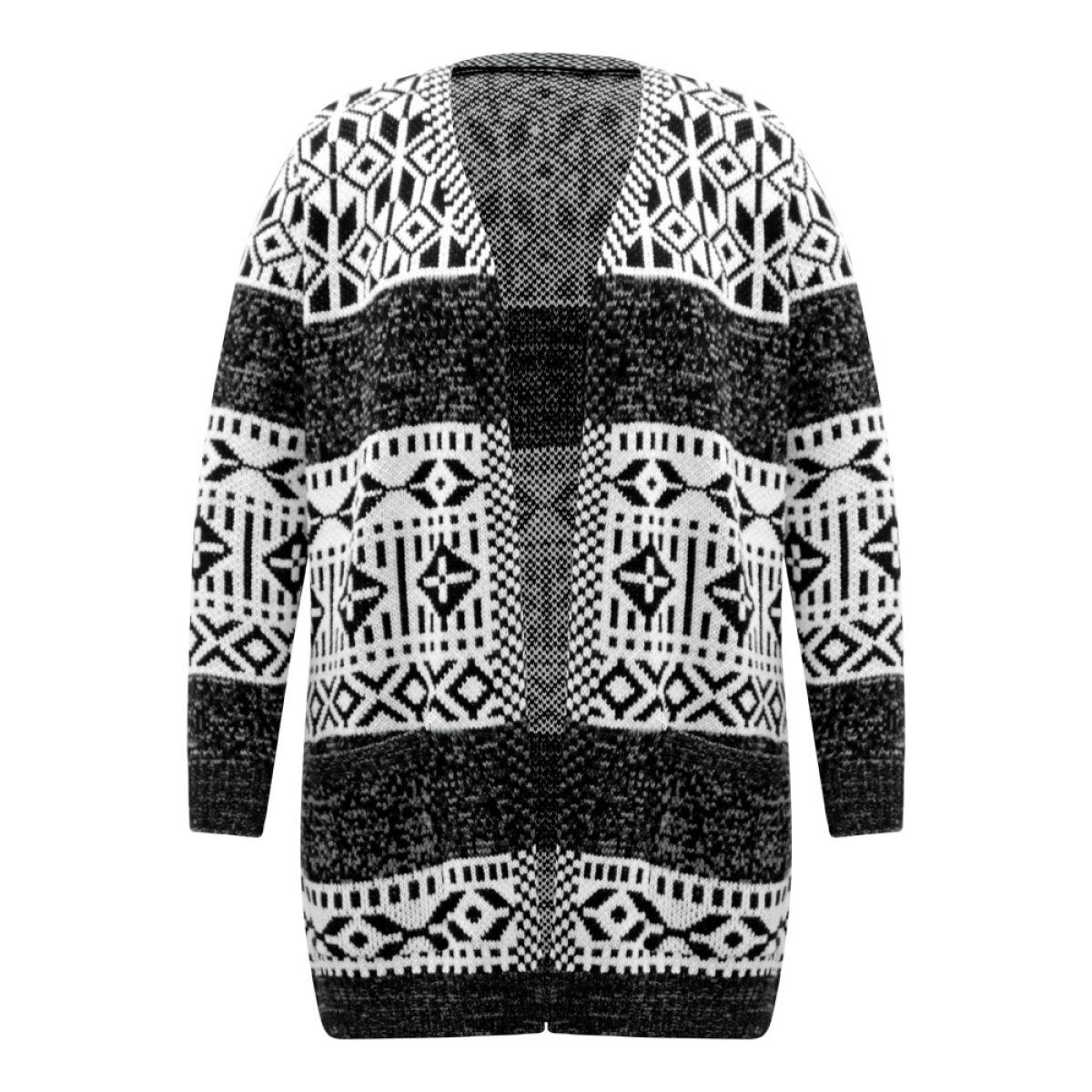 Plus Size Boho Print Heather Jacquard Cardigan Black Women Casual Loose Long Sleeve Dailywear Cardigans BloomChic 18-20/2X Product Image