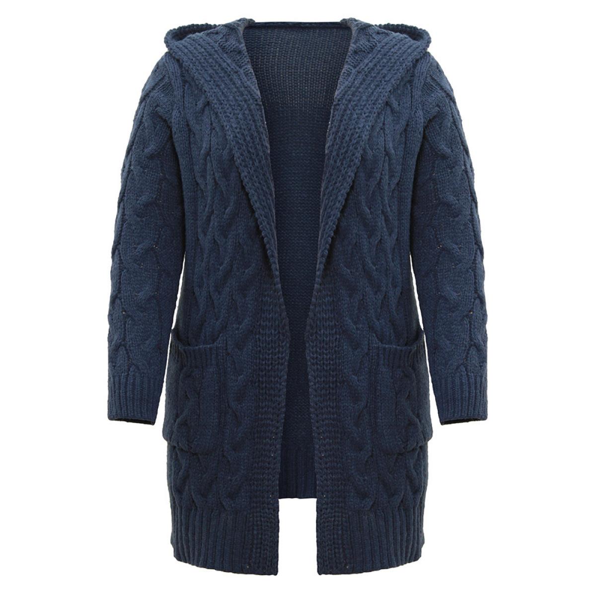 Plus Size Cable Knit Texture Pocket Hooded Cardigan Midnight Women Casual Loose Long Sleeve Dailywear Cardigans BloomChic 30/6X Product Image