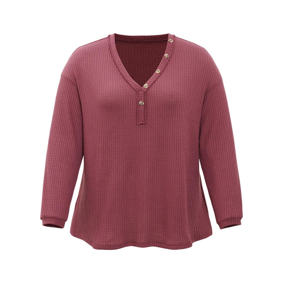 Plus Size Waffle Knit Button Detail V Neck T-shirt Russet Women Casual Elastic cuffs Plain V-neck Dailywear T-shirts BloomChic 14-16/1X Product Image