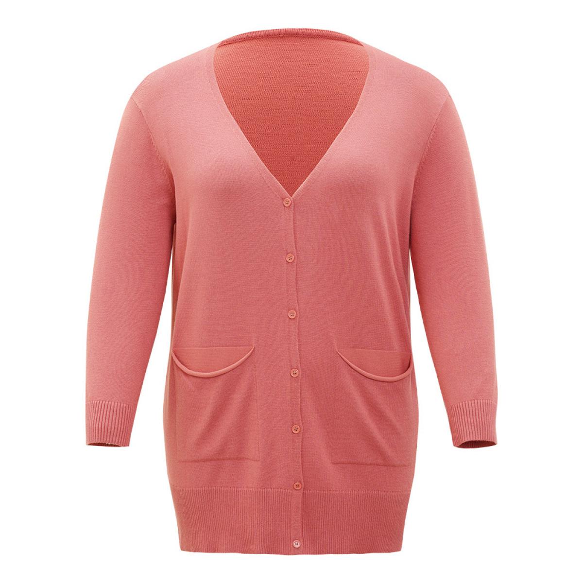 Plus Size Supersoft Essentials Solid Button Down Patched Pocket Cardigan Russet Women Casual Loose Long Sleeve Everyday Cardigans BloomChic 26/4X Product Image