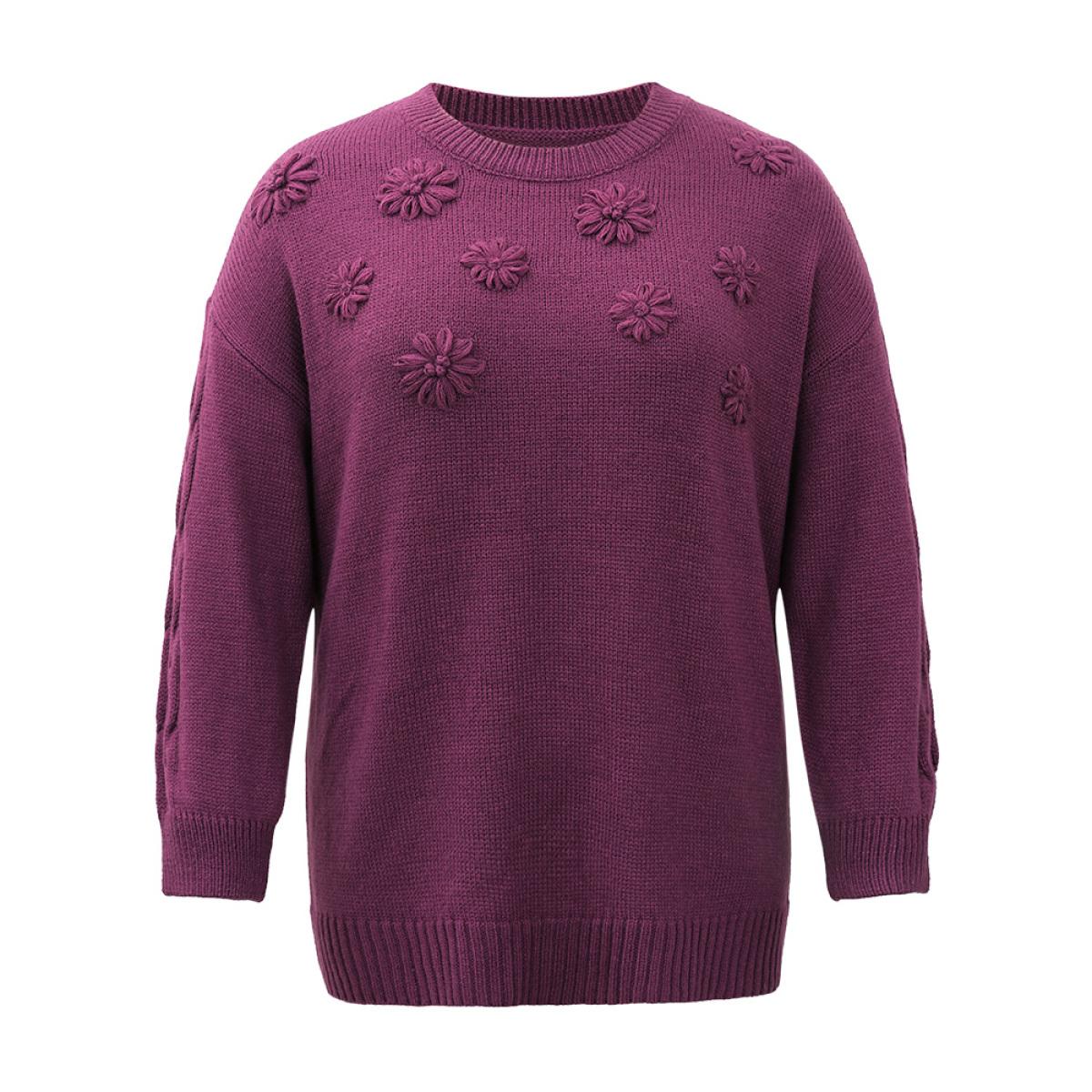 Plus Size Plisse Floral Solid Elastic Cuffs Pullover Purple Women Casual Loose Long Sleeve Round Neck Dailywear Pullovers BloomChic 14-16/1X Product Image