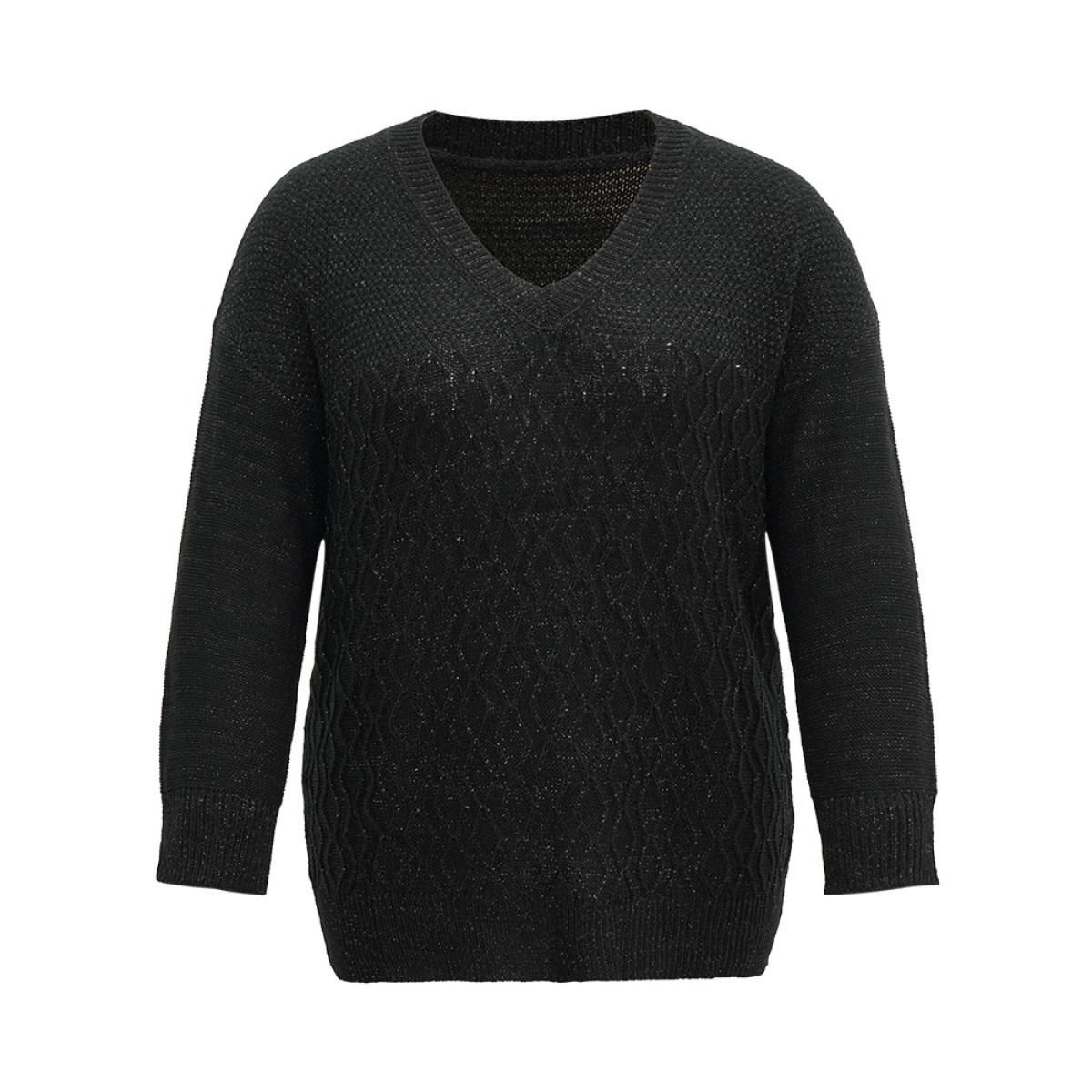 Plus Size Plain Sparkly V Neck Loose Pullover Black Women Casual Long Sleeve V-neck Everyday Pullovers BloomChic 10/M Product Image