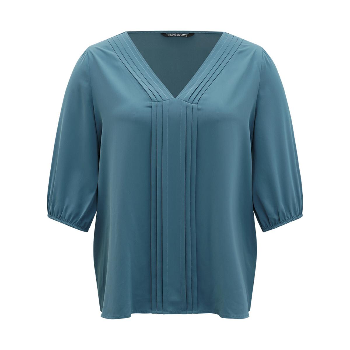 Plus Size Aegean Plain Pleated Detail Elastic Cuffs V Neck Blouse Women Office Elbow-length sleeve V-neck Work Blouses BloomChic 30/6X Product Image