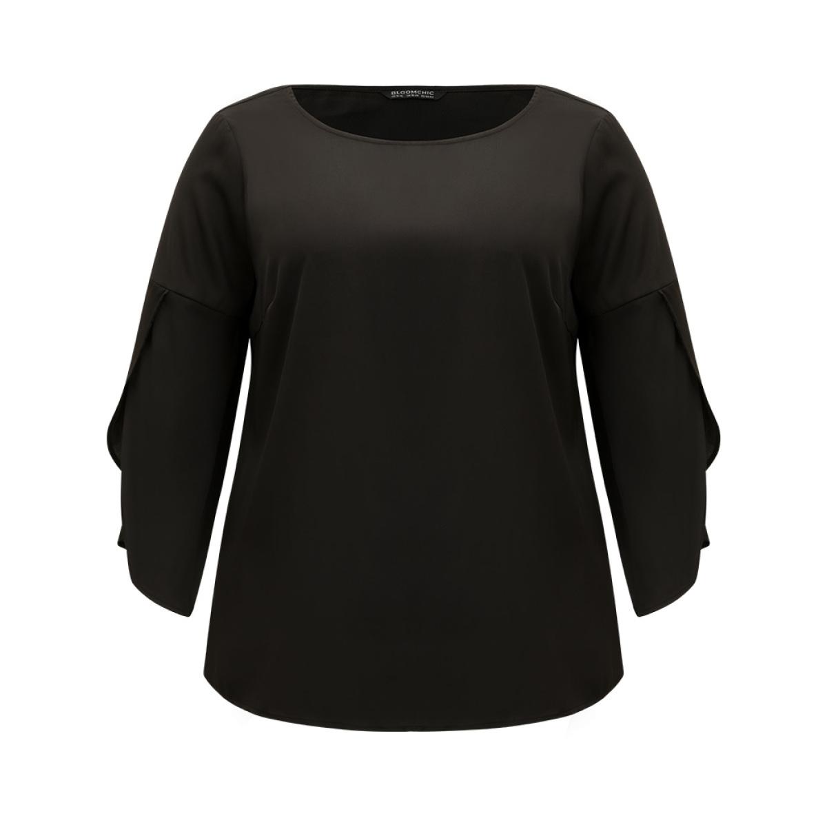 Plus Size Black Plain Wrap Flutter Sleeve Crew Neck Blouse Women Office Elbow-length sleeve Round Neck Work Blouses BloomChic 12/L Product Image