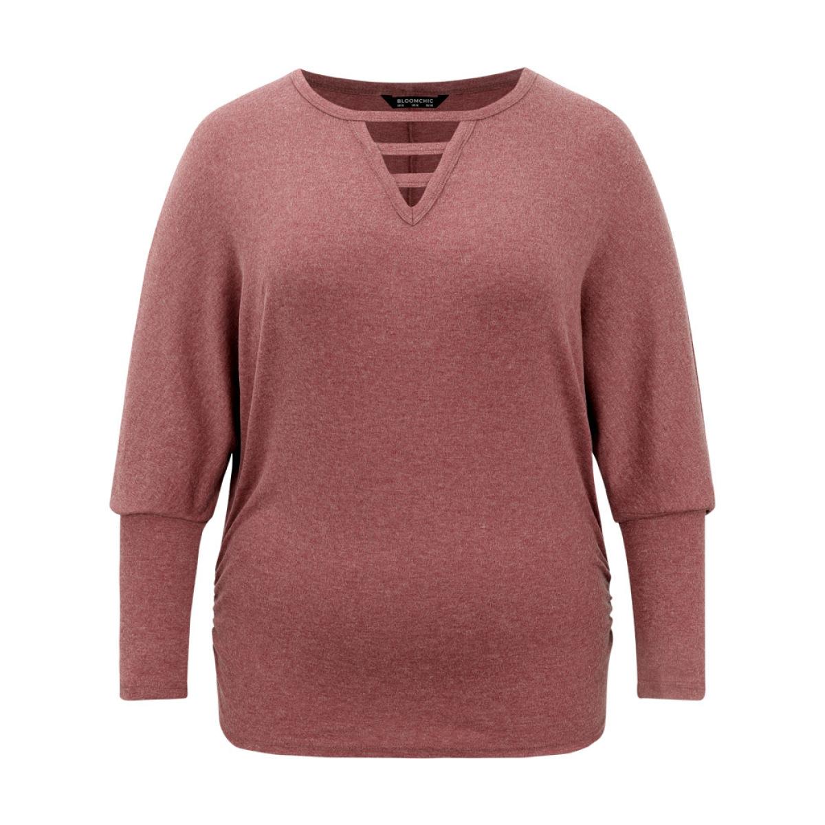 Plus Size Solid Heather Keyhole Batwing Sleeve T-shirt Russet Women Casual Plain Plain Keyhole Cut-Out Everyday T-shirts BloomChic 22-24/3X Product Image