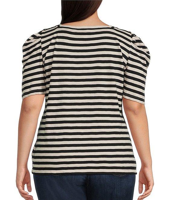 Lauren Ralph Lauren Plus Size Cotton Jersey Striped Square Neck Puff Sleeve Tee Product Image