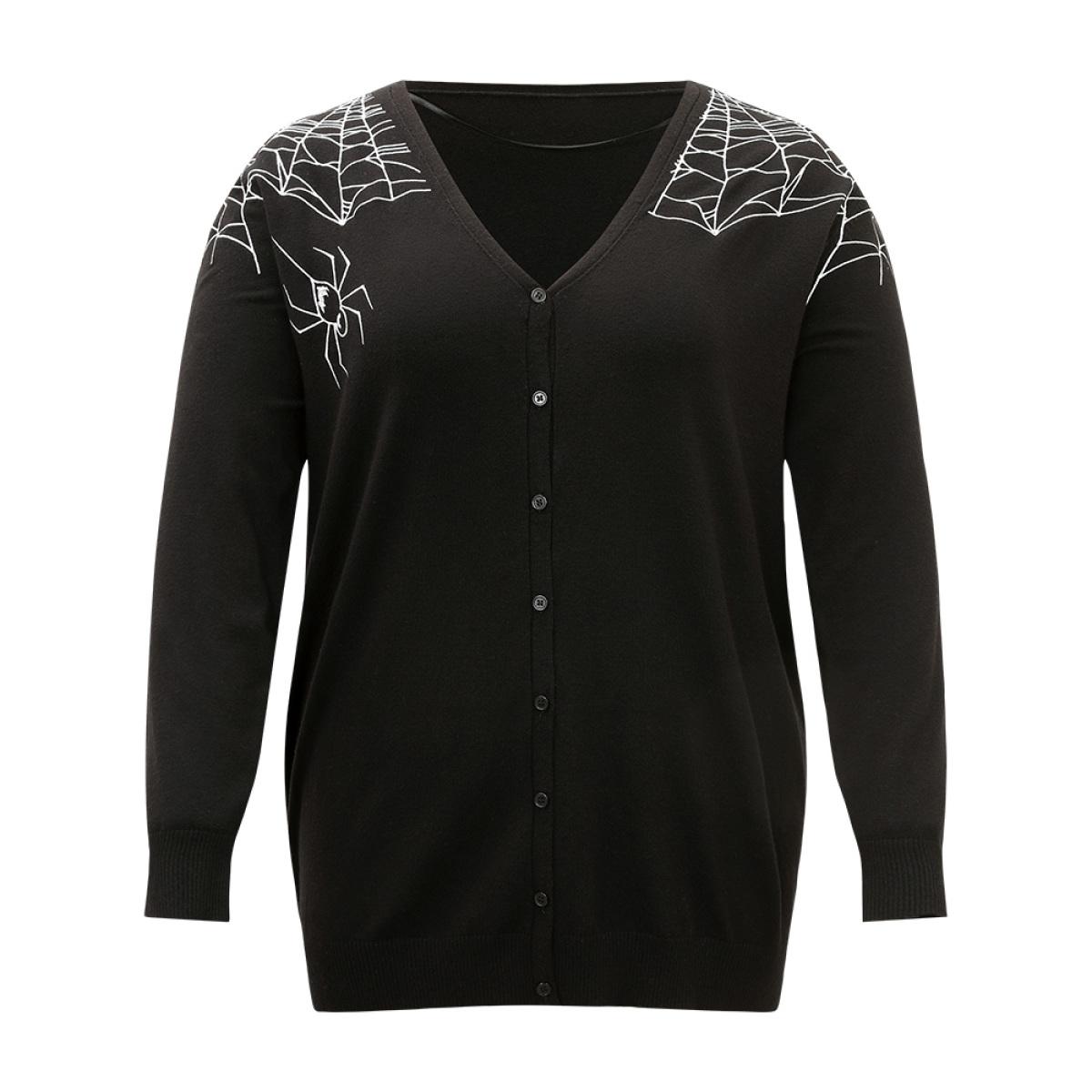 Plus Size Supersoft Essentials Halloween Spider Web Button Through Cardigan Black Women Leisure Loose Long Sleeve Casual Cardigans BloomChic 28/5X Product Image