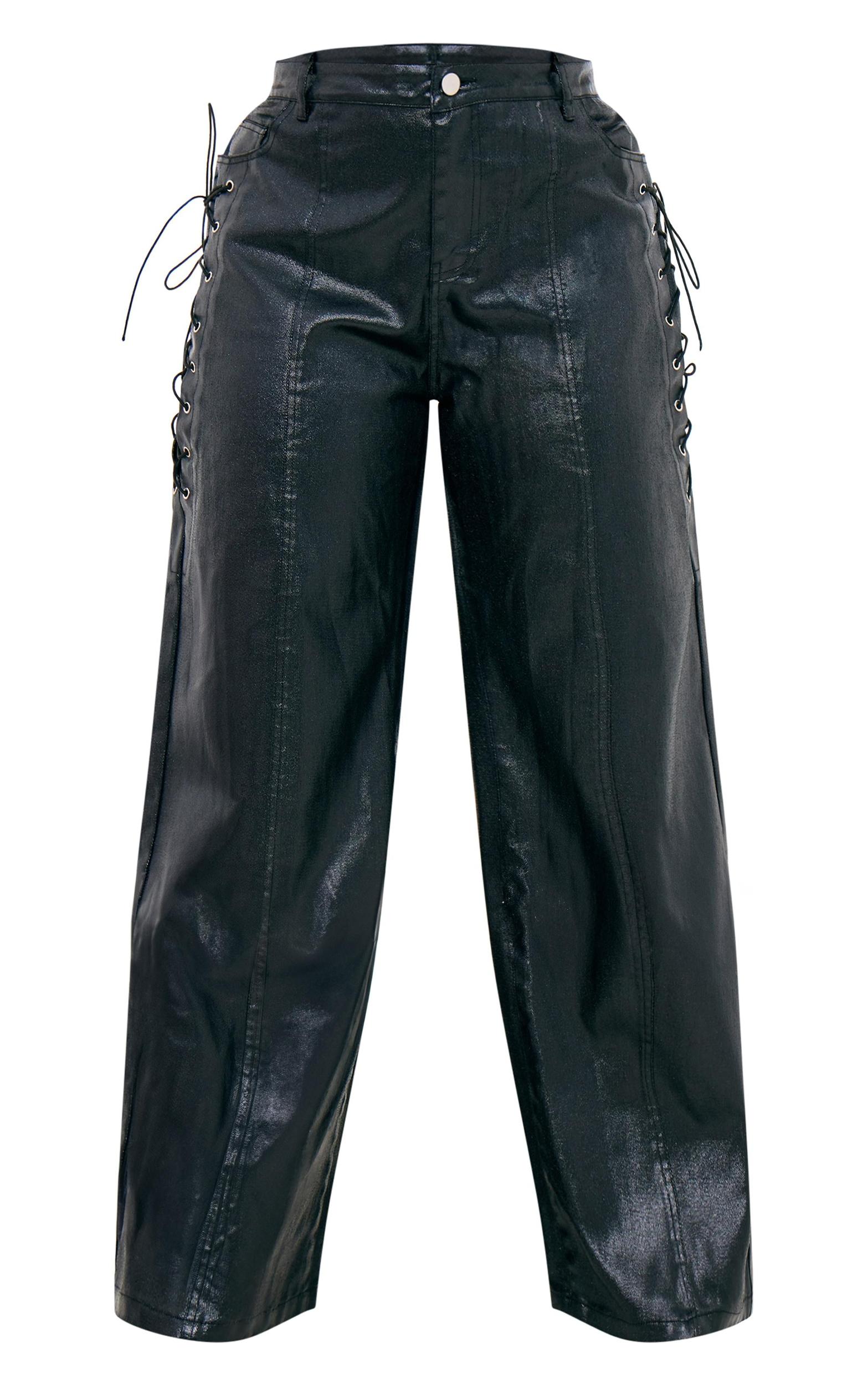Plus Black Coated Denim Lace Up Wide Leg Jeans Product Image