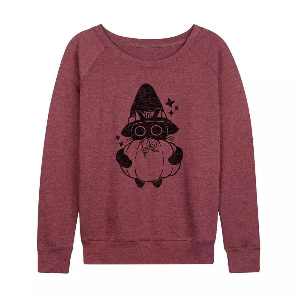 Women's Witch Cat With Pumpkin Halloween French Terry Long Sleeve Tee,  Product Image