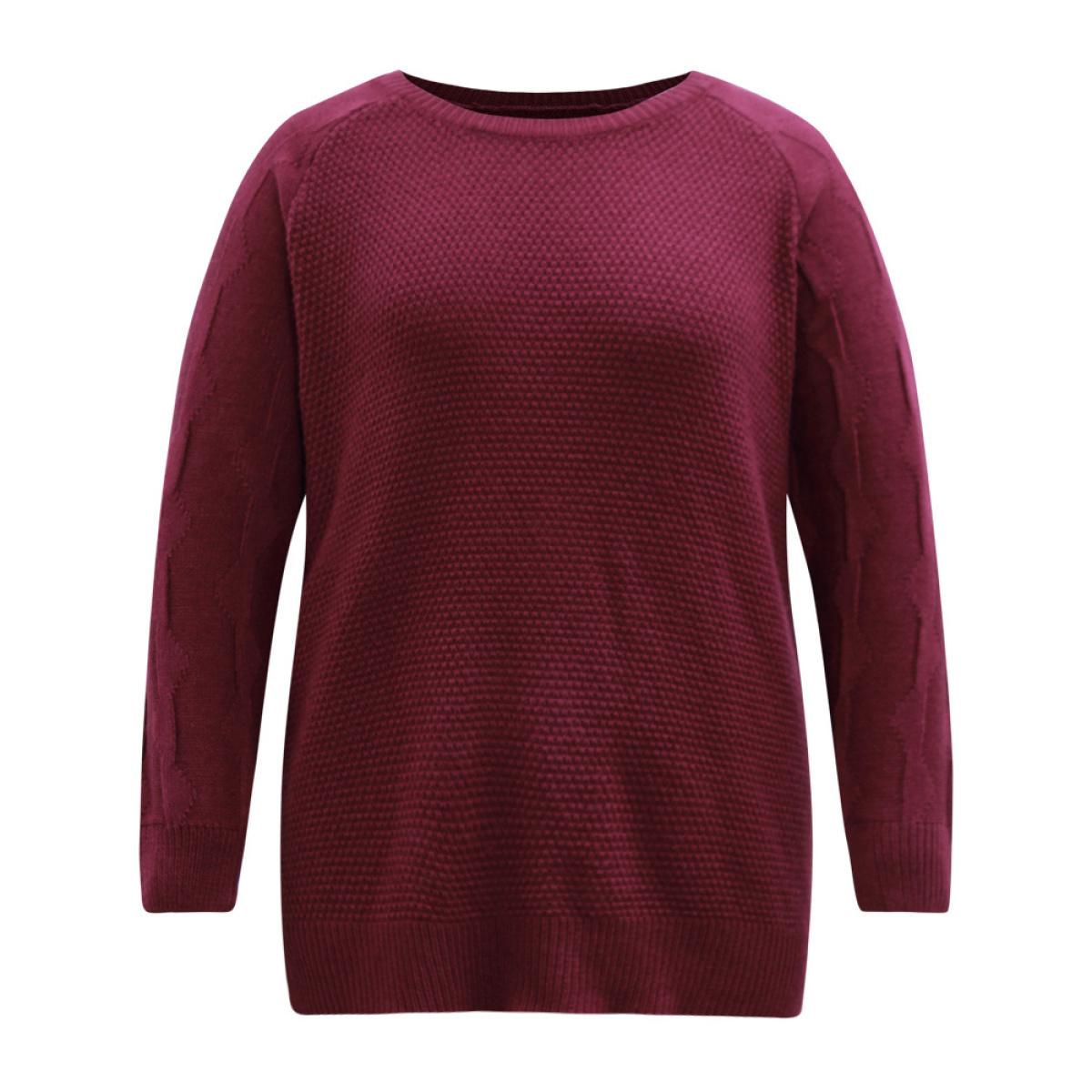 Plus Size Plain Texture Knit Raglan Sleeve Pullover Burgundy Women Casual Loose Long Sleeve Round Neck Dailywear Pullovers BloomChic 26/4X Product Image