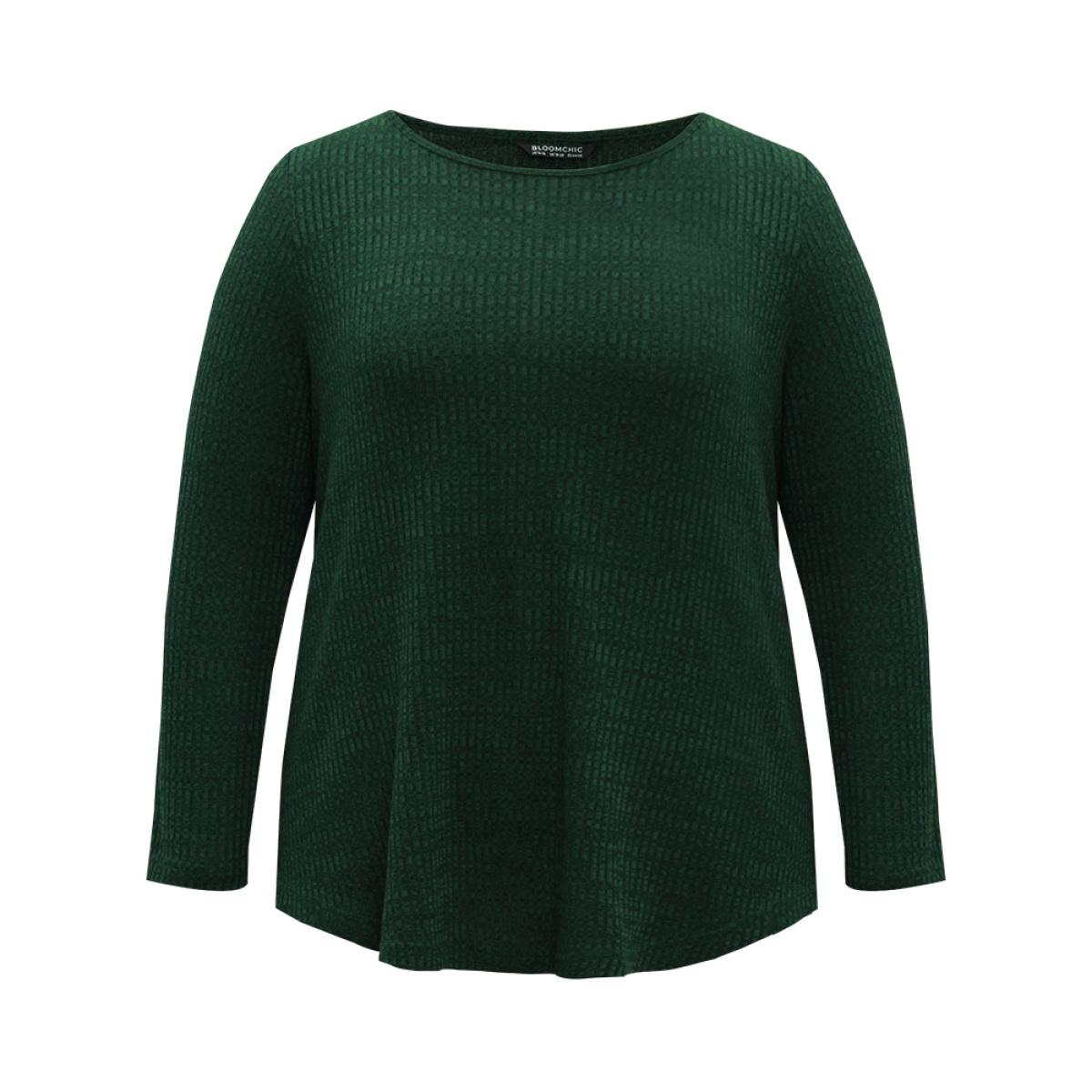 Plus Size Rib Knit Solid Crew Neck Button Detail T-shirt DarkGreen Women Casual Texture Plain Round Neck Dailywear T-shirts BloomChic 18-20/2X Product Image