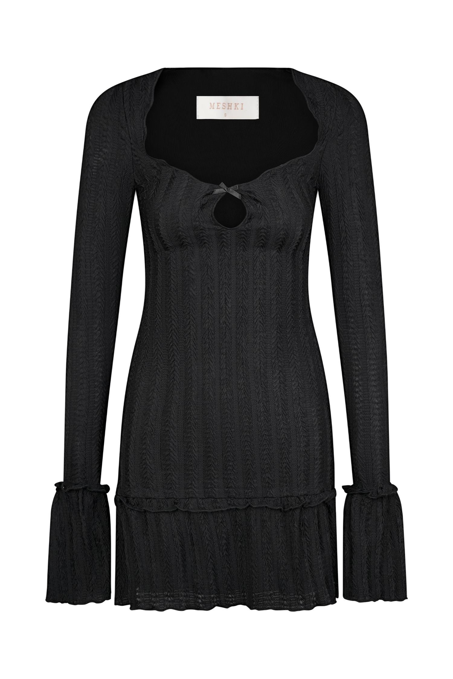 Daphne Pointelle Long Sleeve Mini Dress - Black Product Image
