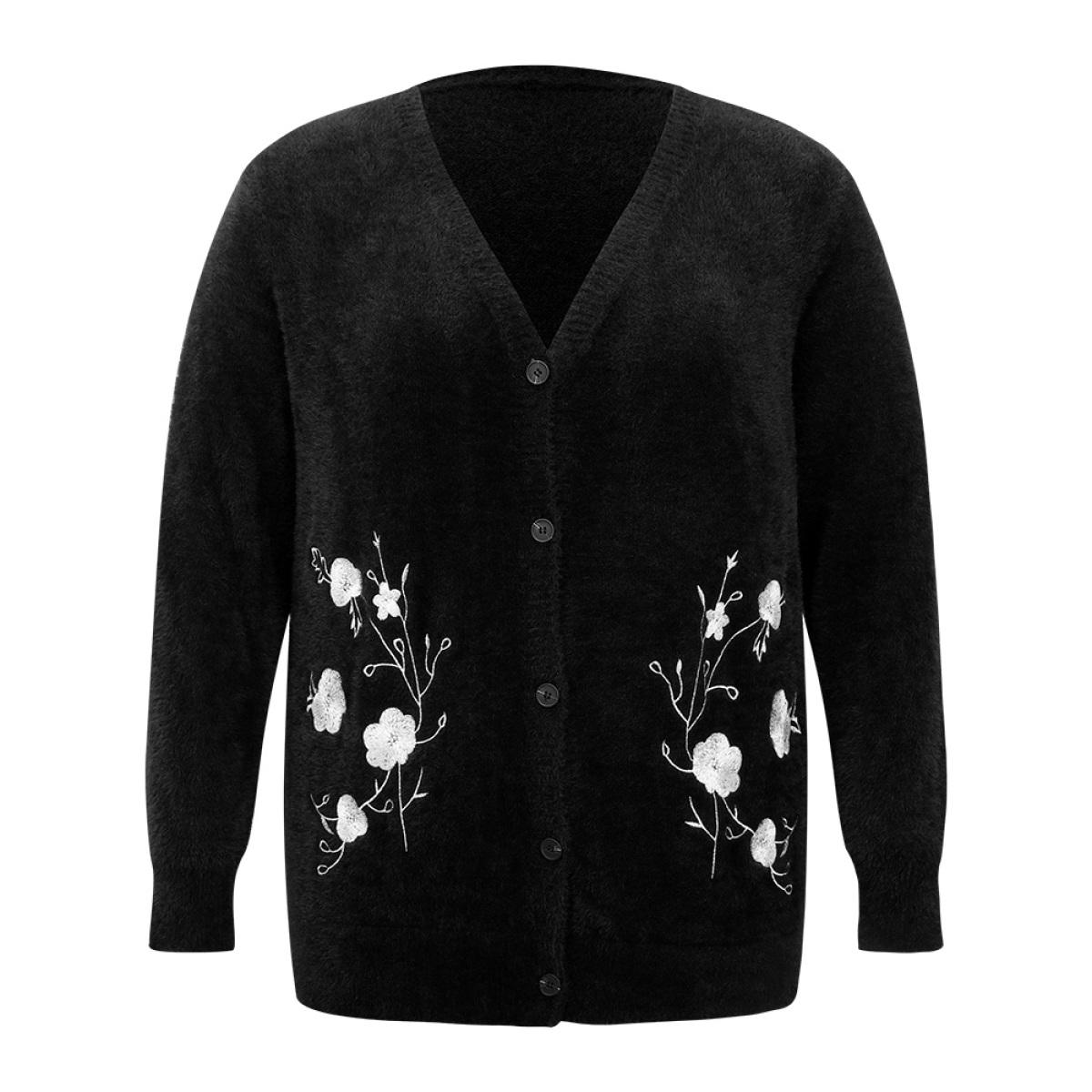 Plus Size Floral Embroidered Fuzzy Open Front Cardigan Black Women Casual Loose Long Sleeve Everyday Cardigans BloomChic 26/4X Product Image